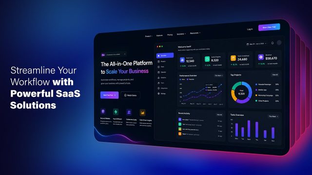 AI Productivity SaaS Promo After Effects Template with 3D Perspective Dashboard Screens