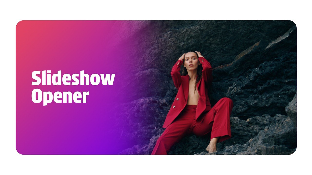 Picture Show Slideshow with Magenta Heading Tile Premiere Pro MOGRT
