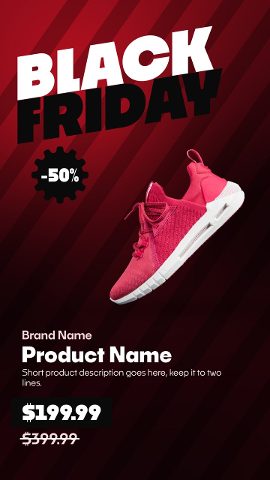 Vertical Black Friday Story with Diagonal Crimson Stripes and Discount Badge MOGRT Template