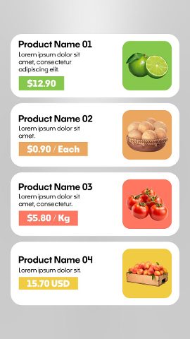 Vertical Four Item Grocery Price List Cards Light After Effects Template