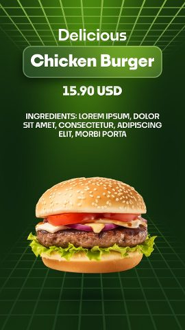 Vertical Neon Green Grid Chicken Burger Menu Premiere Pro MOGRT