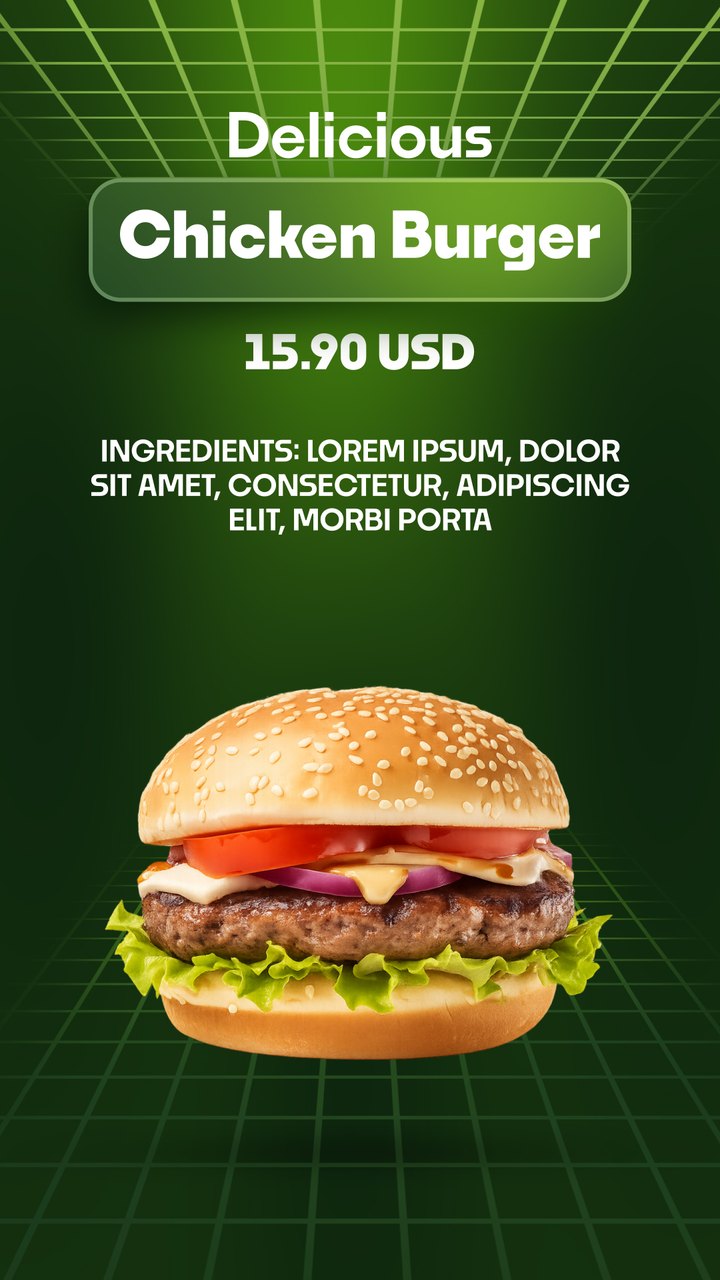 Vertical Neon Green Grid Chicken Burger Menu Premiere Pro MOGRT