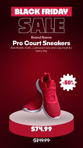 Vertical Black Friday Showcase Promos with White Podium and Giant Sale Word After Effects Template