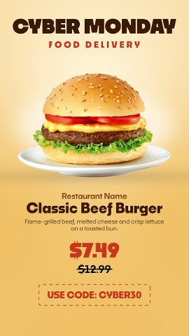 Vertical Cyber Monday Restaurant Discount Stories with Promo Code Premiere Pro MOGRT
