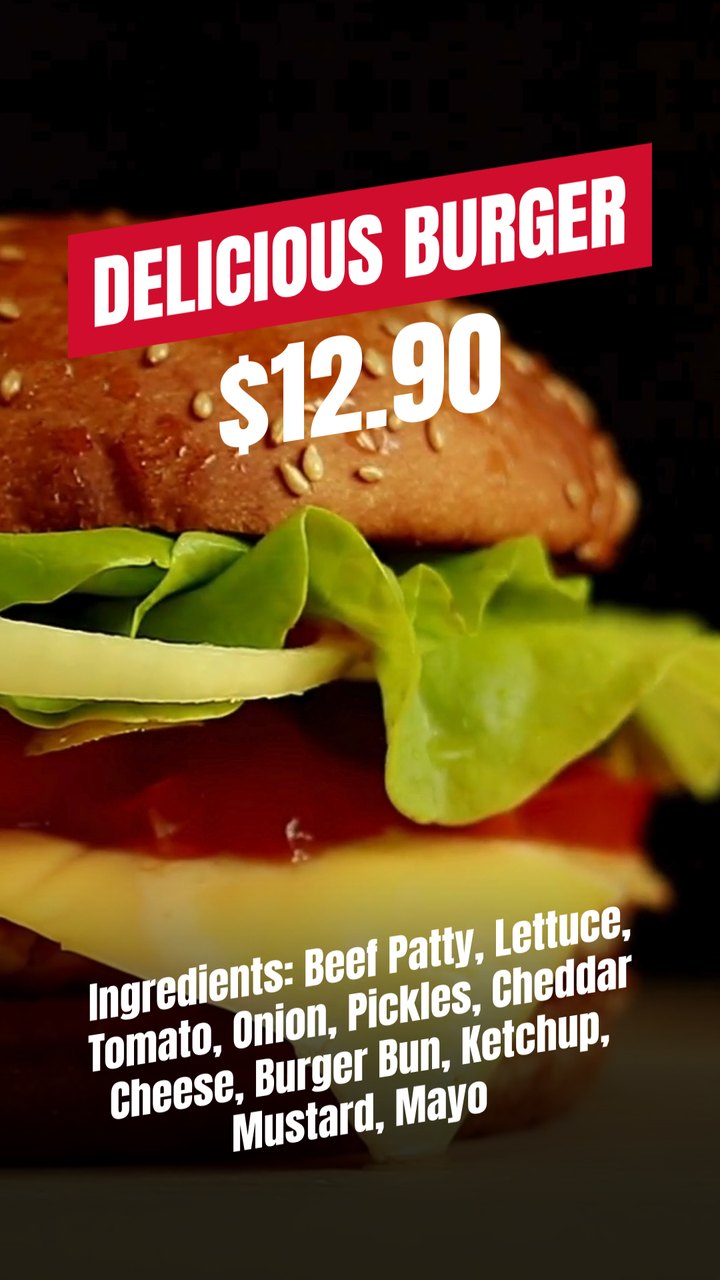 Vertical Full Screen Burger Close-Up Red Tag Promo After Effects Template